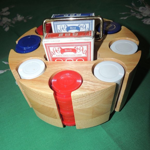 Metal Handled, Lazy Susan Rotating Solid Wood Carousel w/Vintage 1960's Chips - Picture 3 of 8